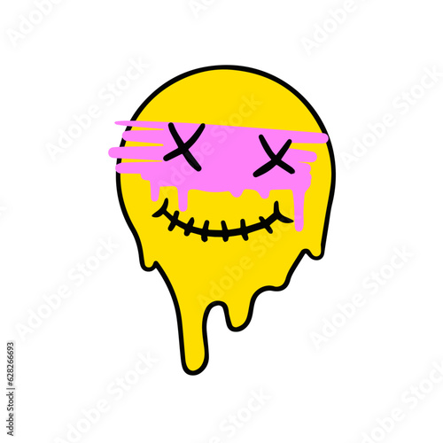 Acid smile face. Melted rave and techno symbol of 90s. Pink brush stroke