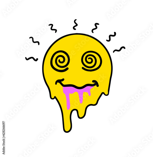 Acid smile face. Melted rave and techno symbol of 90s.