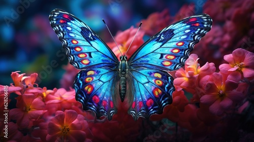  a blue butterfly sitting on top of a pink flower filled field.  generative ai © Anna