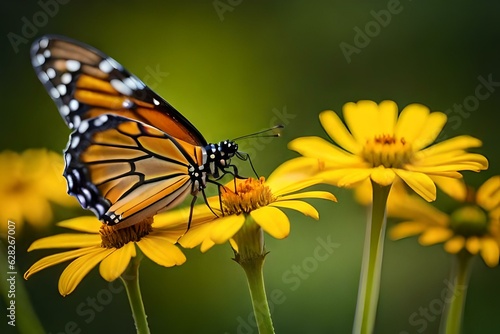 Portrait of monarch butterfly on yellow flower.  Ai Generated. © Rao Saad Ishfaq