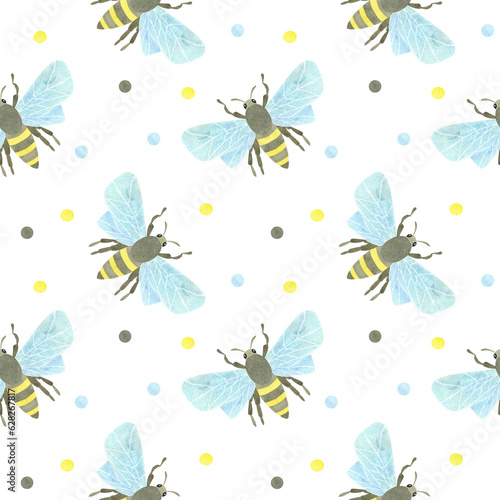 Seamless pattern with honey bees and multicolored watercolor spots on a white background. Watercolor illustration. A set OF ANIMAL FACES. Suitable for children s textiles  packaging  postcards