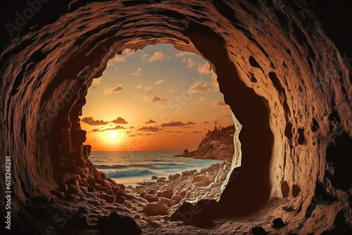 Mysterious cave at dusk. Beyond the cave, the sea or a lakeside can be seen. Sunset, echo the miracles of Christianity, symbol of hope, faith, and redemption concept. Made with Generative AI photo