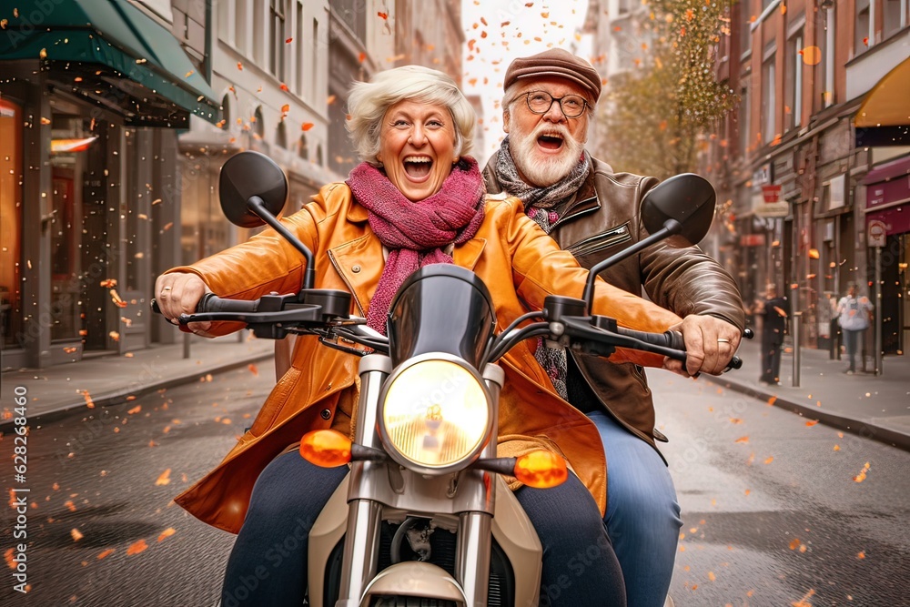 An elderly couple of pensioners ride a motorcycle on the roads of Europe. Emotions of delight on the faces. Generative AI