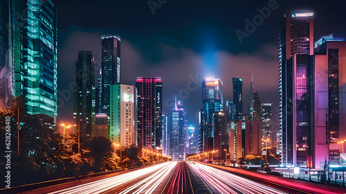 Beautiful city night view. Smart digital city with high speed light trail of cars. .