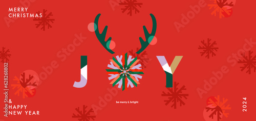 Merry Christmas and Happy New Year banner, greeting card, poster, holiday cover, header. Modern Xmas design. Colorful snowflake and deer antlers. Red color background with snowflakes.
