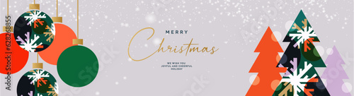 Merry Christmas and Happy New Year banner, greeting card, poster, holiday cover, header. Modern Xmas design. Christmas trees, balls, snowflakes and stars. background in white color.
