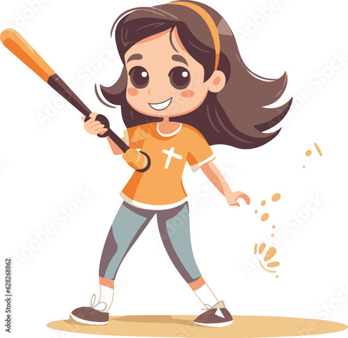 Little girl baseball player with baseball bat in hand, flat, Happy Smiling Baseball Softball League Player cartoon