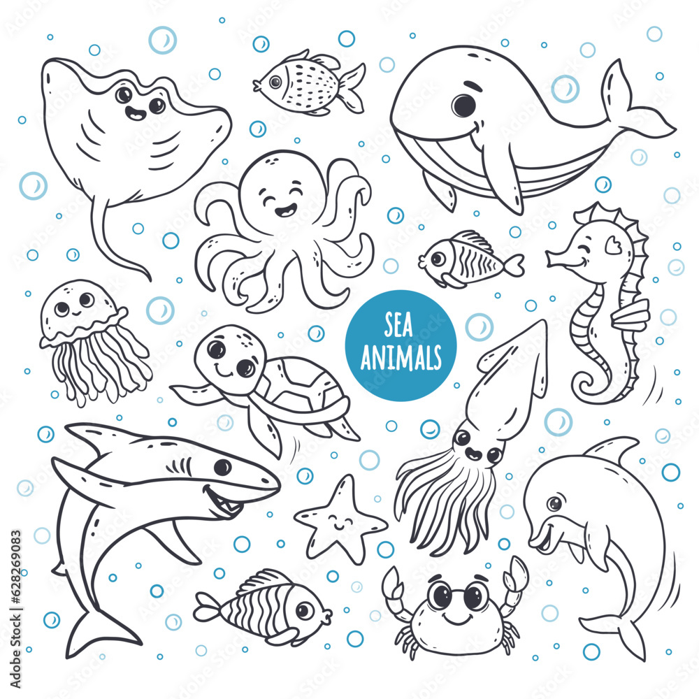 Set with Sea animals. Hand drawn sea life elements.  Marine life objects for your design. Doodle style . Vector illustration 