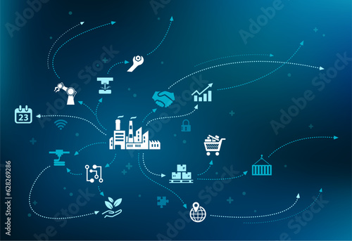 Smart company / business challenges vector illustration. Blue concept with icons related to company innovation & integration, technology in company logistics, manufacturing, engineering or processes.