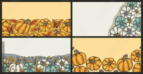 Set of Halloween backgrounds with seamless pattern with pumpkins for banners and postcards. October collection with season design backgrounds for halloween party and decoration of holiday market