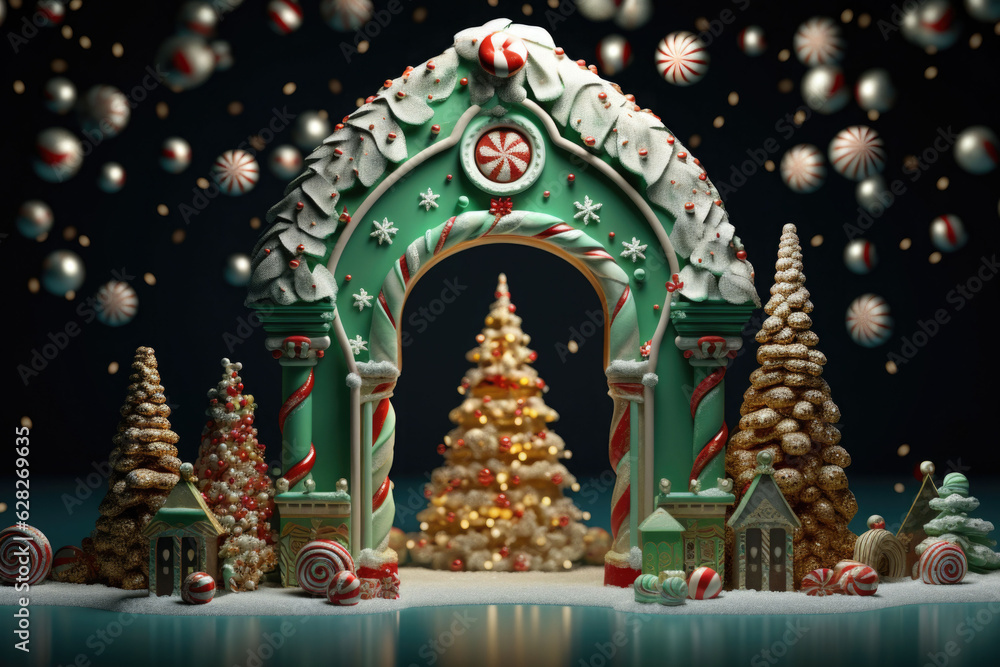 Arch made of christmas tree balls and gingerbread. Green christmas decorations. AI generated