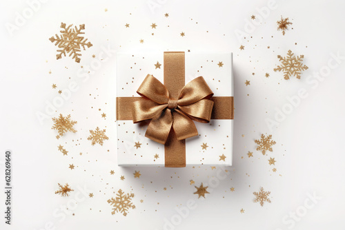 Gifts or presents boxes with gold bows and confetti on white background, top view. AI generated