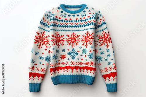 Warm christmas ugly sweater on white background. AI generated photo