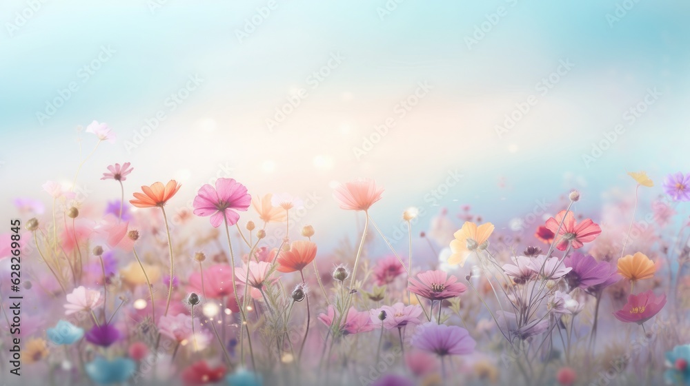 Soft pastel spring background with fresh blooming flowers and leaves in mist, smoke and spring dew. Illustration. Generative AI.