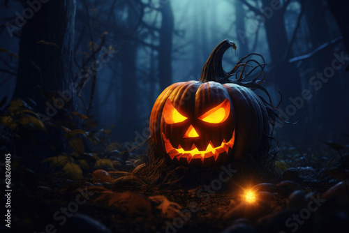 Halloween pumpkin in a mystic forest at night. AI generated © barmaleeva