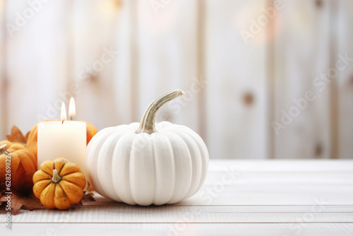 Thanksgiving white pumpkin and candle decorations on a white painted wood table. Halloween, Thanksgiving party concept. Festive fall design. AI generated