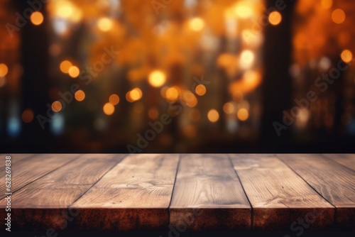 Empty dark wood table top with blurred bright Thanksgiving background. AI generated