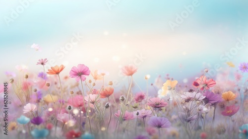 Soft pastel spring background with fresh blooming flowers and leaves in mist, smoke and spring dew. Illustration. Generative AI.