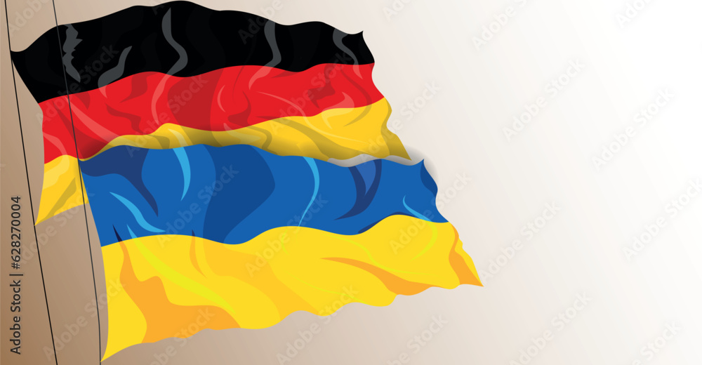 Obraz premium German and Ukrainian Waving flag, patriotic background of partnership, contact, cooperation and support country Germany and Ukraine