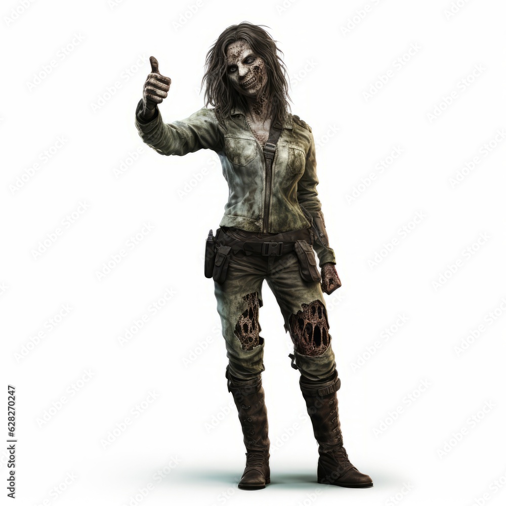 Charming zombie woman giving thumbs up, on white background, Generative AI Charming zombie woman giving thumbs up, on white background, Generative AI