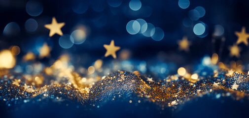 Abstract background with gold stars, particles and sparkling on navy blue. Christmas Golden light shine particles bokeh on navy blue background. 2024 New year background.  Gold foil texture. 