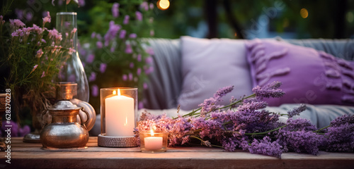 Cozy Outdoor living. Living corner in the garden outside the house. Summer evening on the patio or terrace of suburban house with flowers  candles and lantern in the garden  digital ai