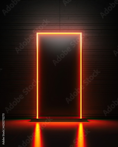 LED orange frame, Empty pedestal or base for goods. Neon podium with space. Ai generated illustration. Realistic futuristic technological background 
