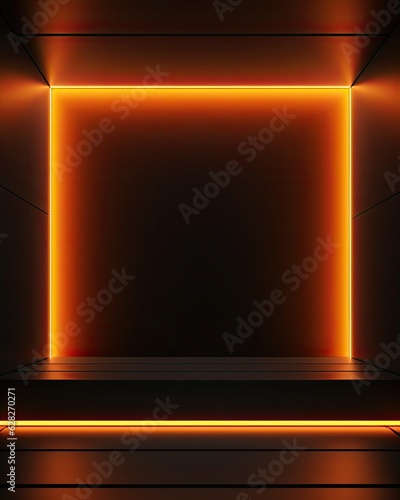 LED orange frame, Empty pedestal or base for goods. Neon podium with space. Ai generated illustration. Realistic futuristic technological background 
