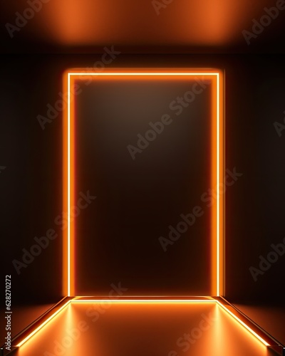 LED orange frame, Empty pedestal or base for goods. Neon podium with space. Ai generated illustration. Realistic futuristic technological background 
