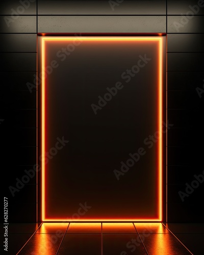 LED orange frame, Empty pedestal or base for goods. Neon podium with space. Ai generated illustration. Realistic futuristic technological background 