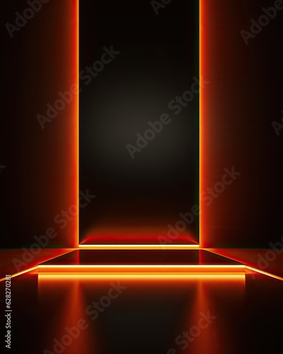 LED orange frame, Empty pedestal or base for goods. Neon podium with space. Ai generated illustration. Realistic futuristic technological background 