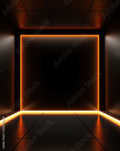 LED orange frame, Empty pedestal or base for goods. Neon podium with space. Ai generated illustration. Realistic futuristic technological background 