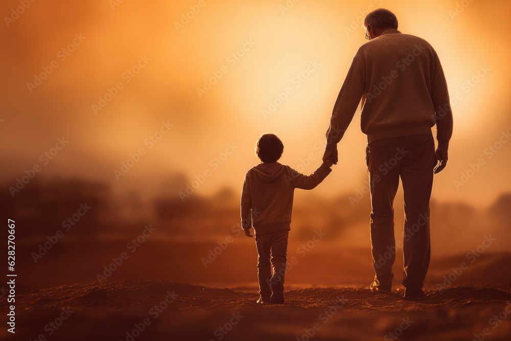 Father walking hand in hand with son at sunset, Father's Day celebration image.