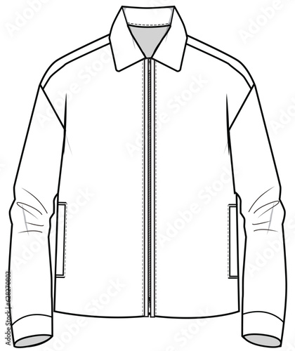 mens long sleeve drop shoulder zip up collared shirt jacket flat sketch vector illustration technical cad drawing template