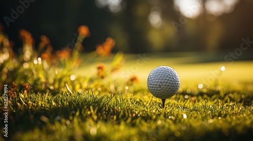 Golf ball on a tee on grass court. Generative AI