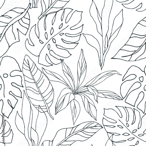 Tropical monstera, banana palm leaves, white background. Vector seamless pattern. Exotic plants outline illustration. Summer beach floral design. Paradise nature