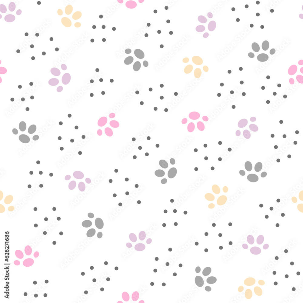 Cute cat animal paw prints path simple cartoon seamless pattern vector illustration, domestic pet cute doodle traces, pastel colored cozy home interior concept Cute cat animal paw prints path simple cartoon seamless pattern vector illustration, domestic pet cute doodle traces, pastel colored cozy home interior concept
