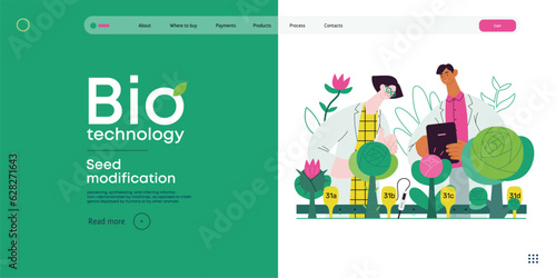 Bio Technology, Seed Modification -modern flat vector concept illustration of scientists analysing genetic modificated variants of a plant. Metaphor of direct impact of GMO on vegetation