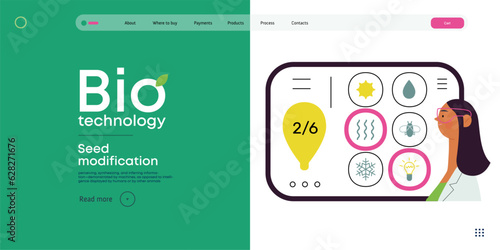 Bio Technology, Seed Modification -modern flat vector concept illustration of scientists choosing features for a seed, genetic modificated variants. Metaphor of direct impact of GMO on vegetation