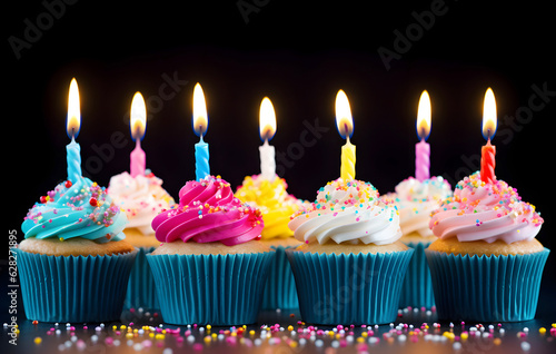 A Group of Rainbow Colored Birthday Candles Lit with Candles on a Table