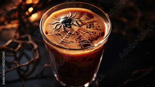 Closeup of Halloween coffee with lantern smoke. A scary caffeine fix for your lunch break.