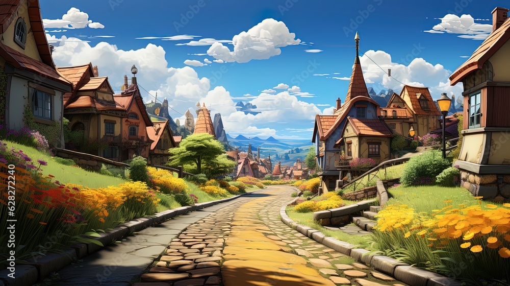 Two-Story Yellow Houses with Blooming Flowers and Pointed Roofs - Picture Book Style Illustration in a Healing Style - Depth of Field Captured with Ultra-Wide Angle Communication. Generative AI