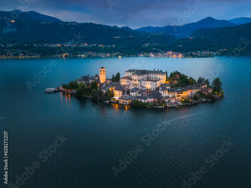 Aerial view of San Giulio island  Orta Lake  Italy