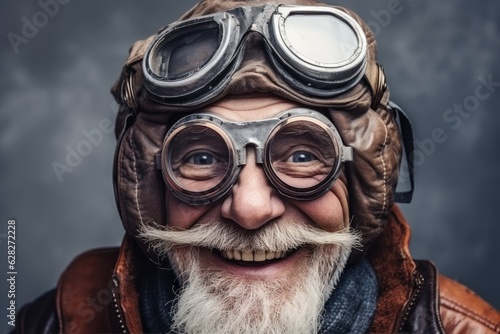 Funny smiling crazy elderly grandpa in vintage aviator hat and goggles. Generative AI