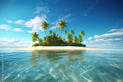 Tropical island with palm trees and sandy beach on sunny day. Isolated island with crystal clear waters  palm trees and beach with white sand in the middle of the ocean. Generative AI