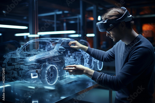 Automotive engineer working on 3D prototypes of electric cars using VR (Virtual Reality).