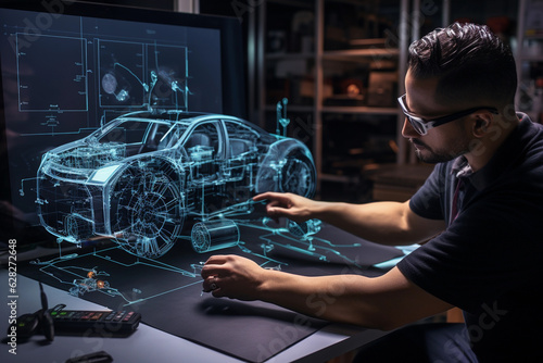 Automotive engineer working on 3D prototypes of electric cars using VR (Virtual Reality).