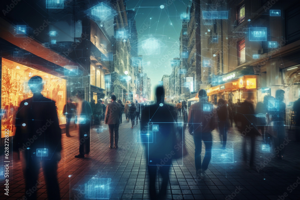 Crowd of entrepreneurs tracked with technology walking through busy urban city streets.