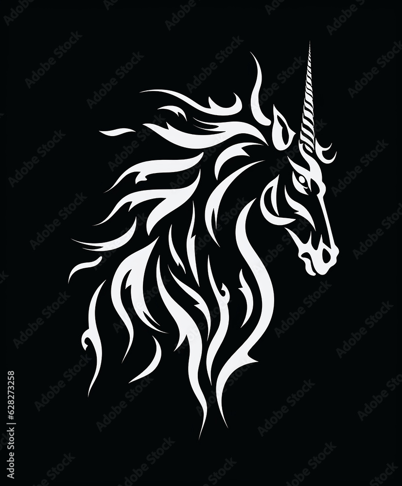 minimalist white unicorn on a black background