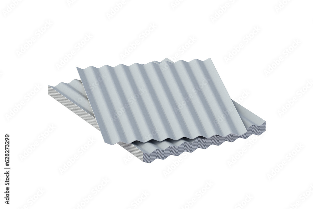 Stack of asbestos wavy slates isolated on white background. Roof covering material. 3d render Stack of asbestos wavy slates isolated on white background. Roof covering material. 3d render